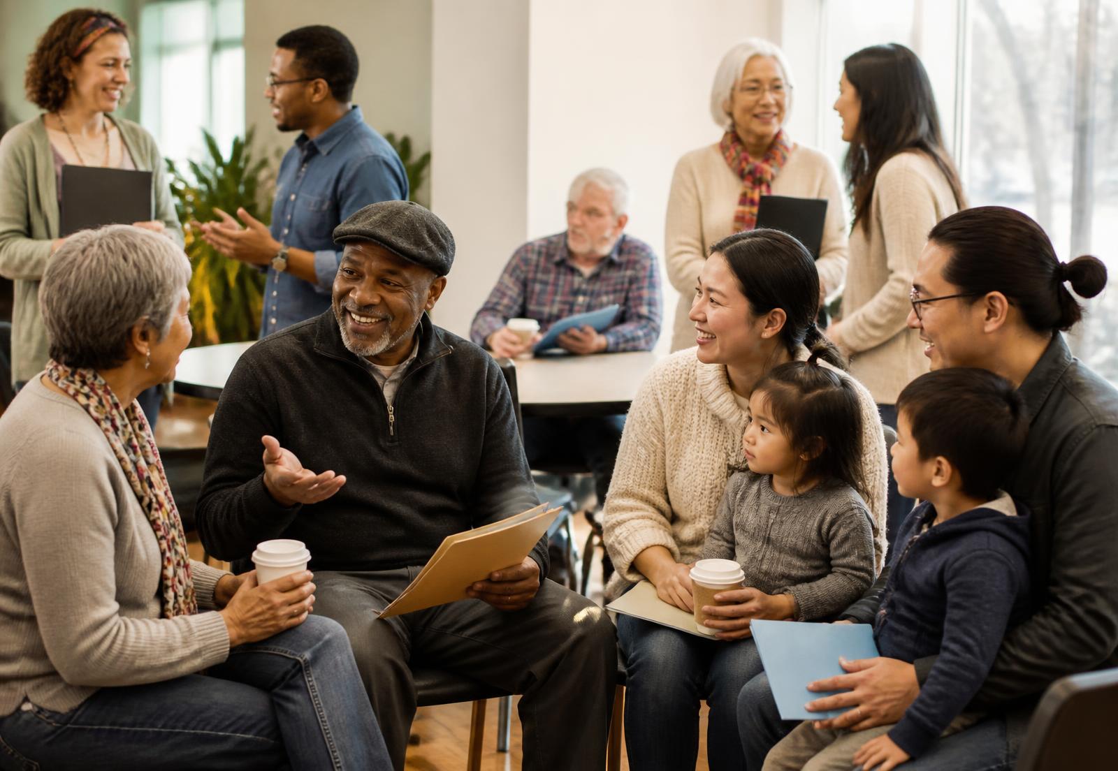 Neighbors of different ages, including seniors and families, talking together in a bright community meeting room.