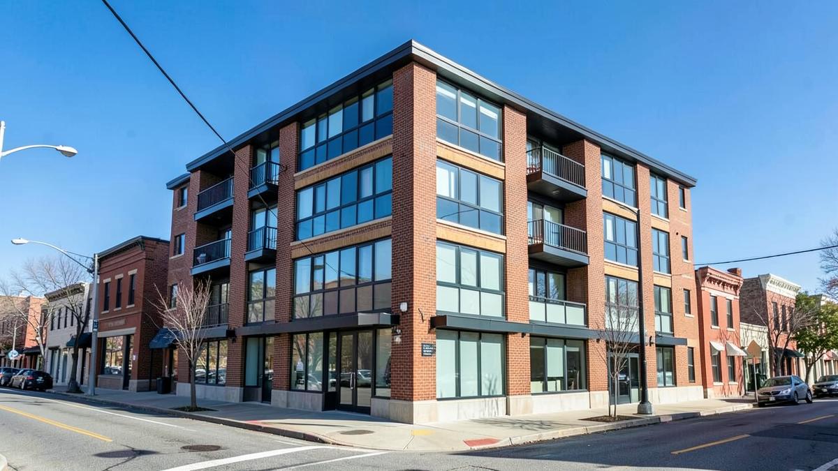 A newly built mid-rise apartment building on a city street