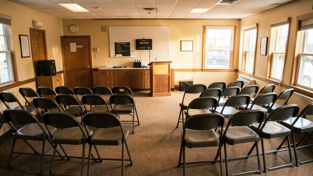 A community meeting room set up with rows of chairs and a podium