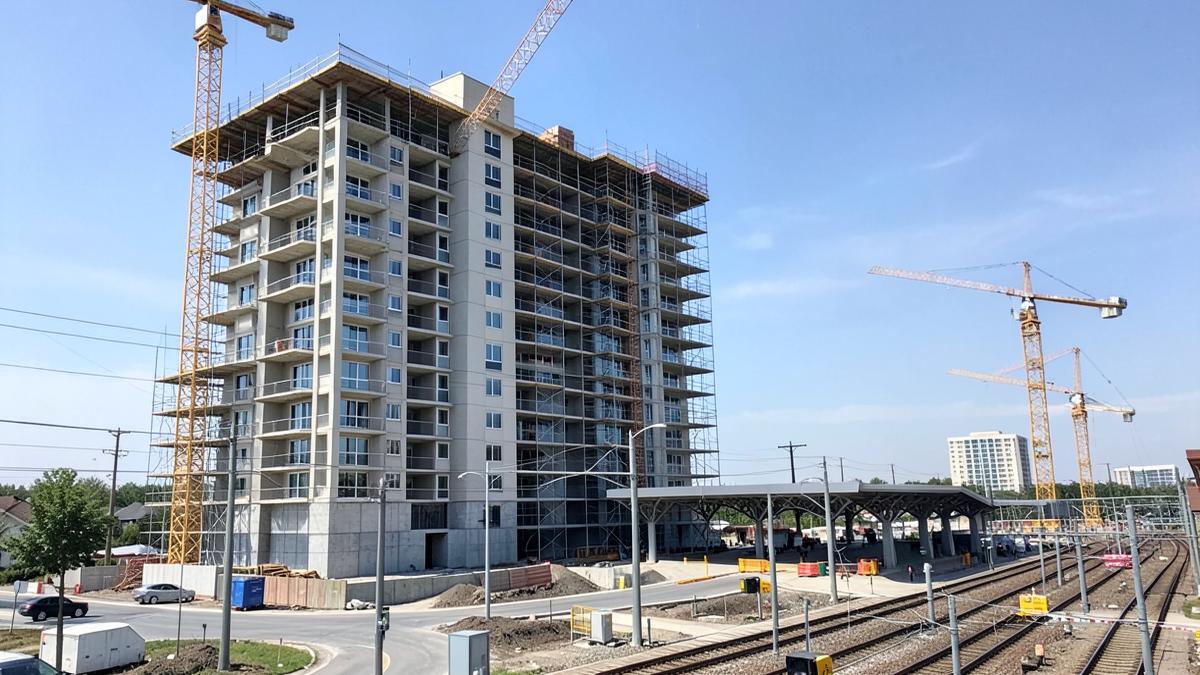 An apartment tower under construction beside a commuter rail station