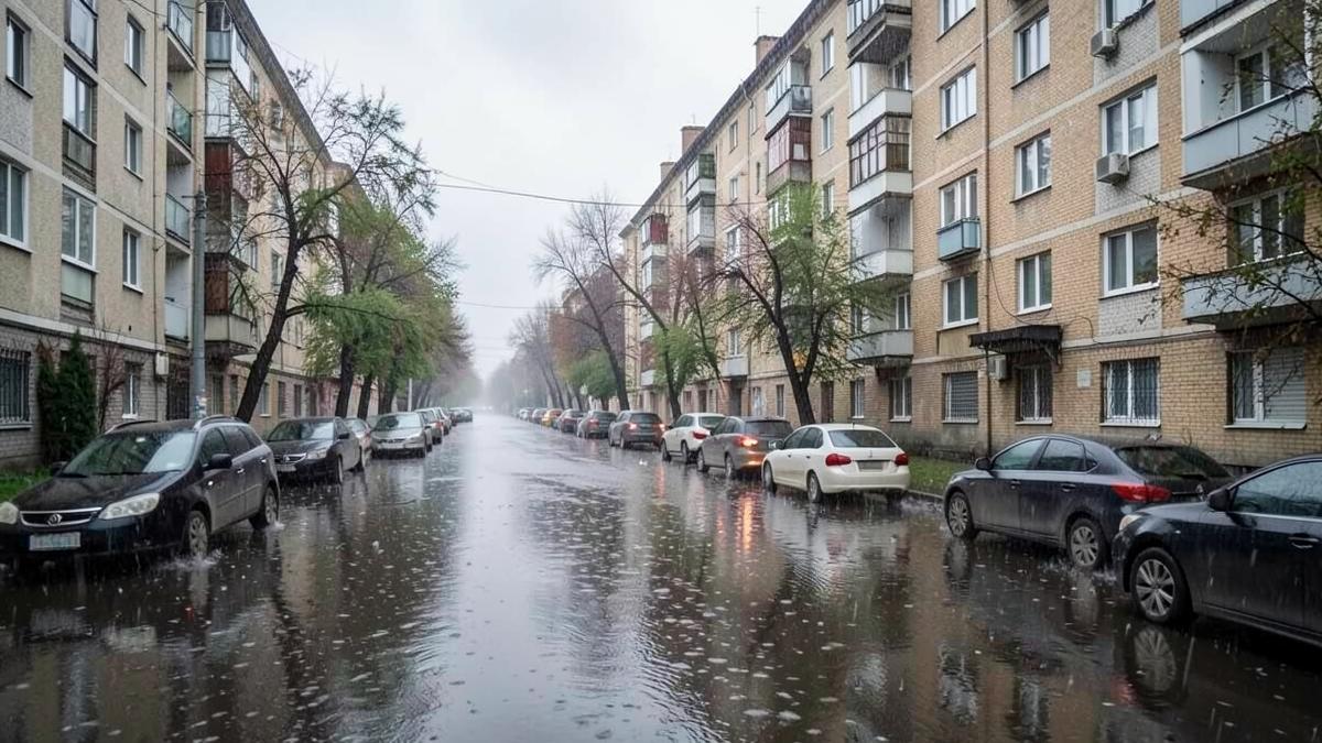 A flooded residential street lined with apartment buildings after a heavy storm